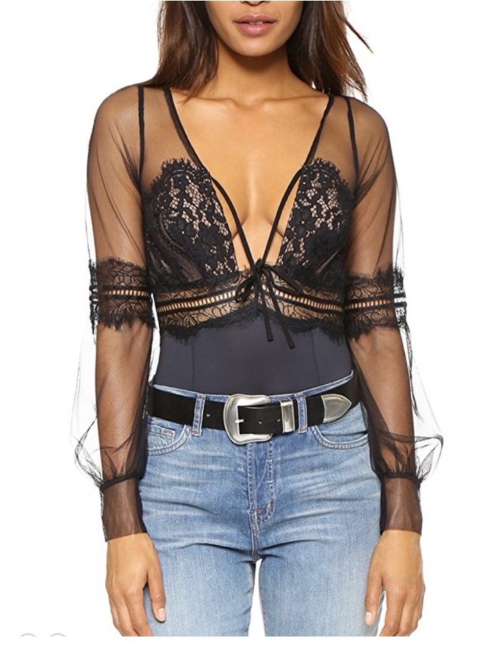 For Love & Lemons Anika Teddy Bodysuit Black Sheer Lace V-Neck EUC size small